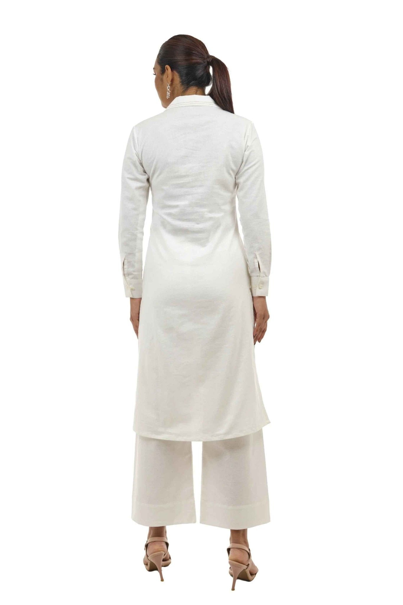 White Linen Coat Collar Kurta and Pallazo Co - ord Set